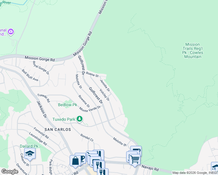 map of restaurants, bars, coffee shops, grocery stores, and more near 7595 Jennite Drive in San Diego