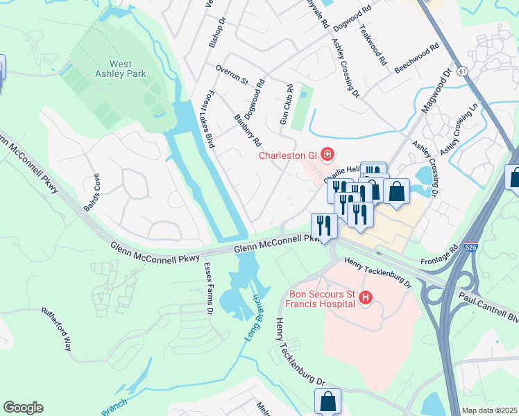 map of restaurants, bars, coffee shops, grocery stores, and more near 2129 Saint Peters Lane in Charleston