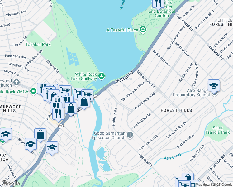 map of restaurants, bars, coffee shops, grocery stores, and more near 1234 San Rafael Drive in Dallas