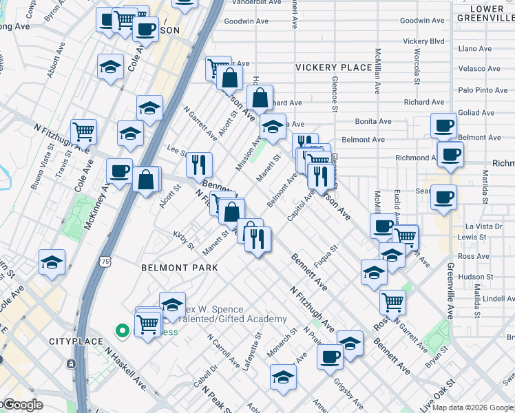 map of restaurants, bars, coffee shops, grocery stores, and more near 2500 Bennett Avenue in Dallas