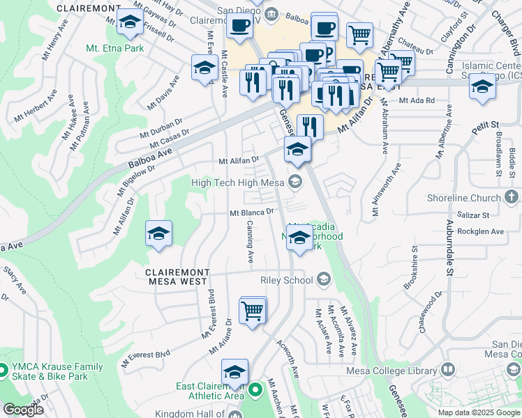 map of restaurants, bars, coffee shops, grocery stores, and more near 5252 Mount Blanca Drive in San Diego