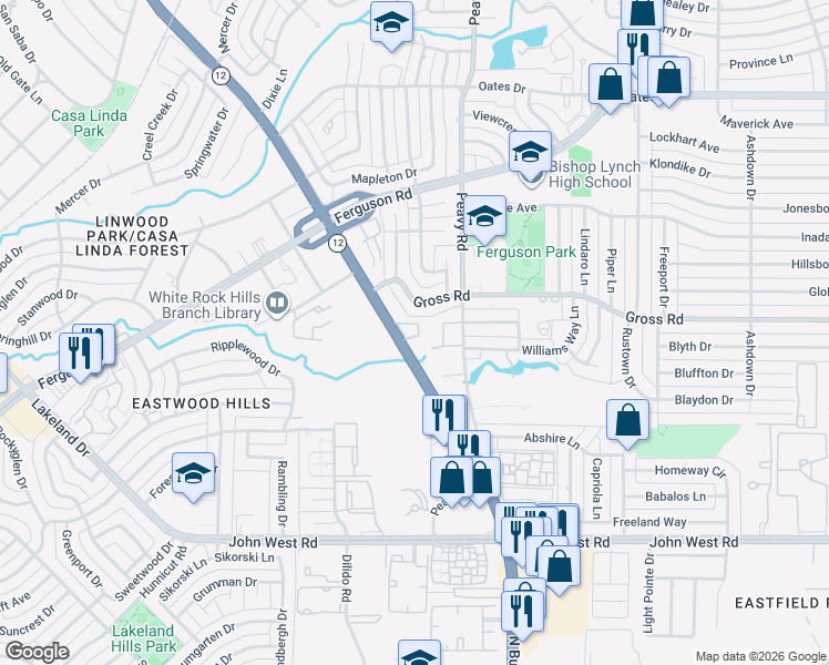 map of restaurants, bars, coffee shops, grocery stores, and more near 2728 North Buckner Boulevard in Dallas