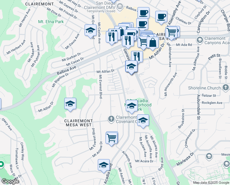 map of restaurants, bars, coffee shops, grocery stores, and more near 5252 Mount Blanca Drive in San Diego