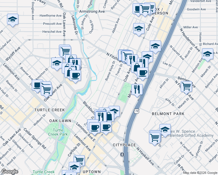 map of restaurants, bars, coffee shops, grocery stores, and more near 4020 Buena Vista Street in Dallas