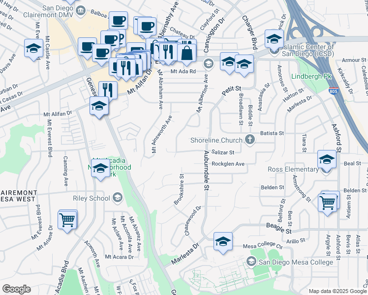 map of restaurants, bars, coffee shops, grocery stores, and more near 6530 Salizar Street in San Diego
