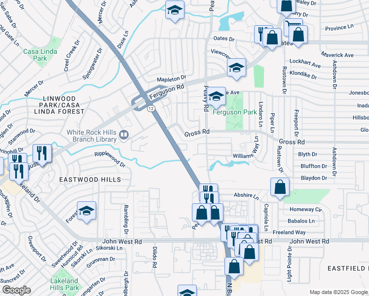map of restaurants, bars, coffee shops, grocery stores, and more near 2728 North Buckner Boulevard in Dallas