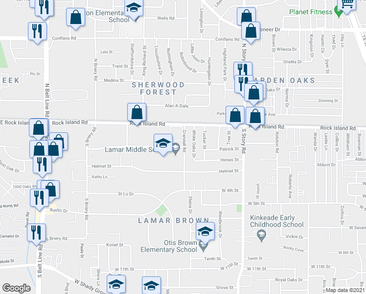 map of restaurants, bars, coffee shops, grocery stores, and more near 2711 Tudor Lane in Irving