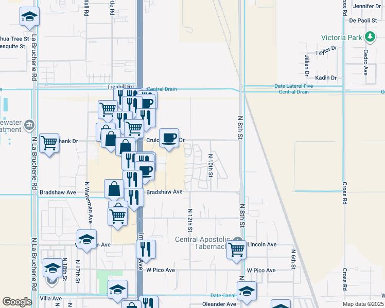 map of restaurants, bars, coffee shops, grocery stores, and more near North 10th Street in El Centro