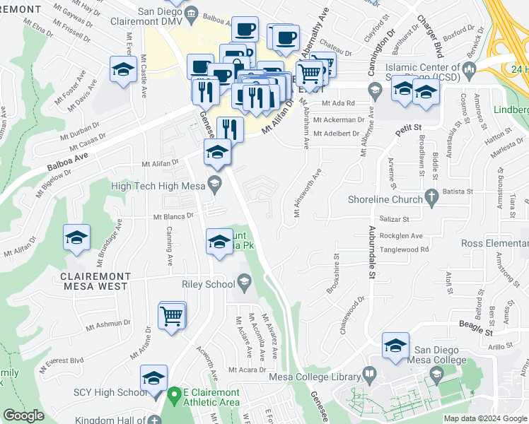 map of restaurants, bars, coffee shops, grocery stores, and more near 5550 Genesee Court in San Diego