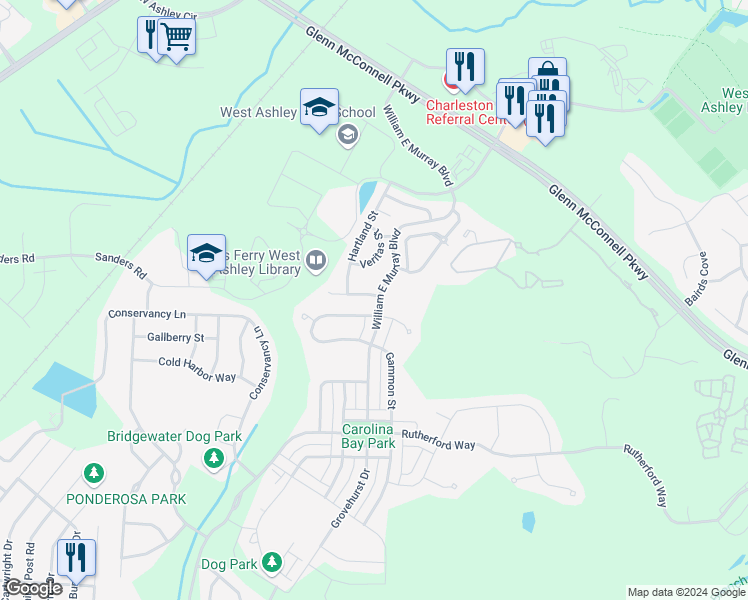 map of restaurants, bars, coffee shops, grocery stores, and more near 4110 Rigsby Lane in Charleston
