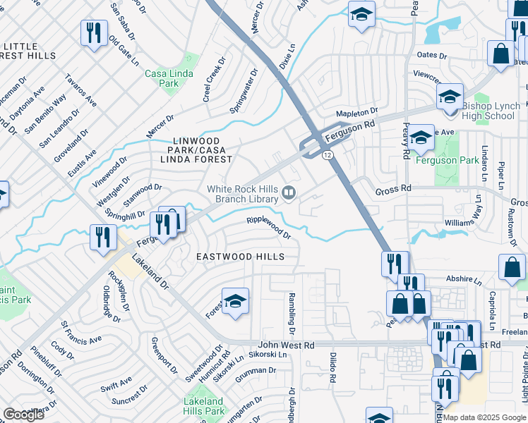 map of restaurants, bars, coffee shops, grocery stores, and more near 2756 Ripplewood Drive in Dallas