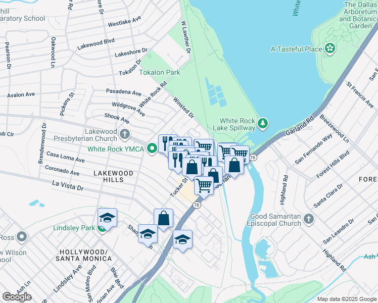 map of restaurants, bars, coffee shops, grocery stores, and more near 2424 Connecticut Lane in Dallas