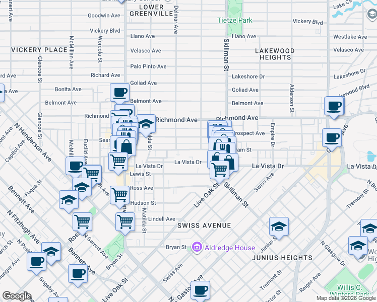 map of restaurants, bars, coffee shops, grocery stores, and more near 5923A Oram Street in Dallas