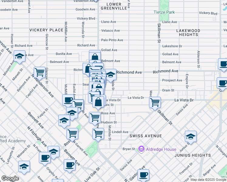map of restaurants, bars, coffee shops, grocery stores, and more near 2002 Matilda Street in Dallas
