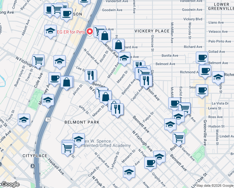 map of restaurants, bars, coffee shops, grocery stores, and more near 5001 Manett Street in Dallas