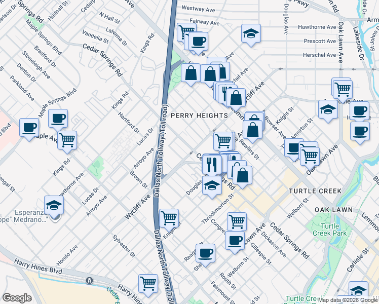 map of restaurants, bars, coffee shops, grocery stores, and more near 3101B Wycliff Avenue in Dallas