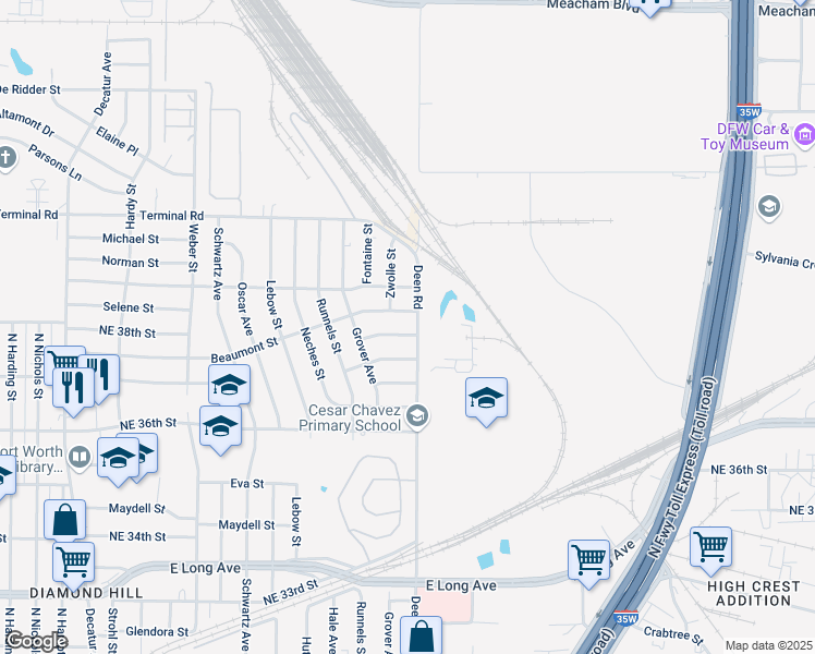 map of restaurants, bars, coffee shops, grocery stores, and more near 2348 Beaumont Street in Fort Worth