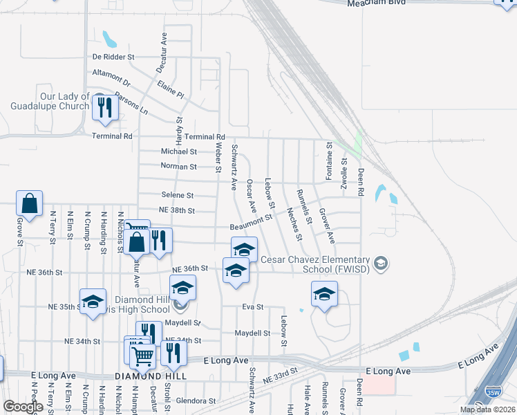 map of restaurants, bars, coffee shops, grocery stores, and more near 3866 Oscar Avenue in Fort Worth