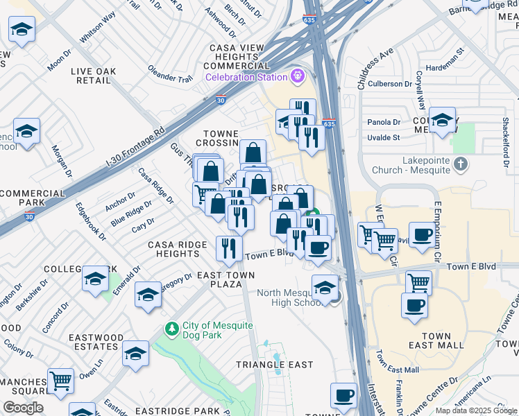 map of restaurants, bars, coffee shops, grocery stores, and more near 3600 Gus Thomasson Road in Mesquite