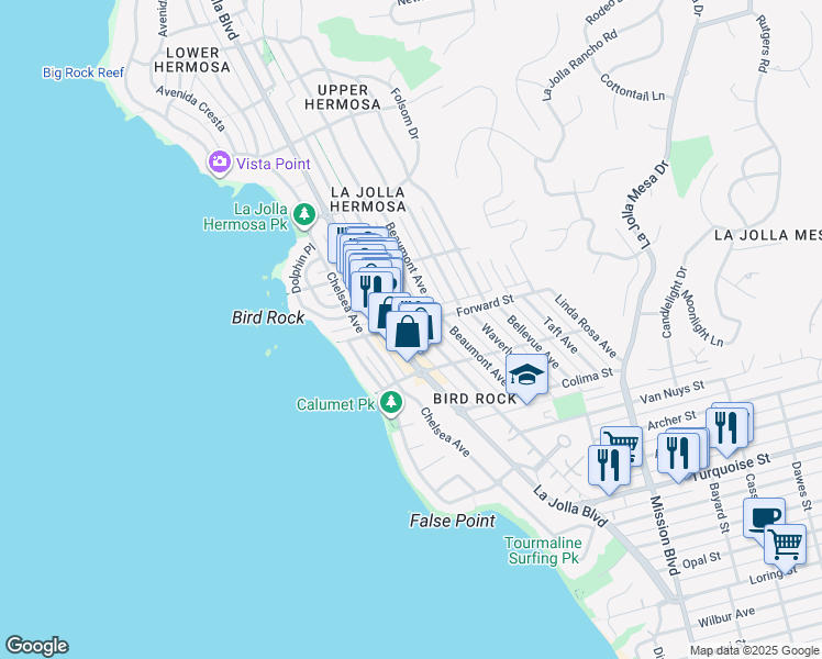 map of restaurants, bars, coffee shops, grocery stores, and more near 427 Forward Street in San Diego