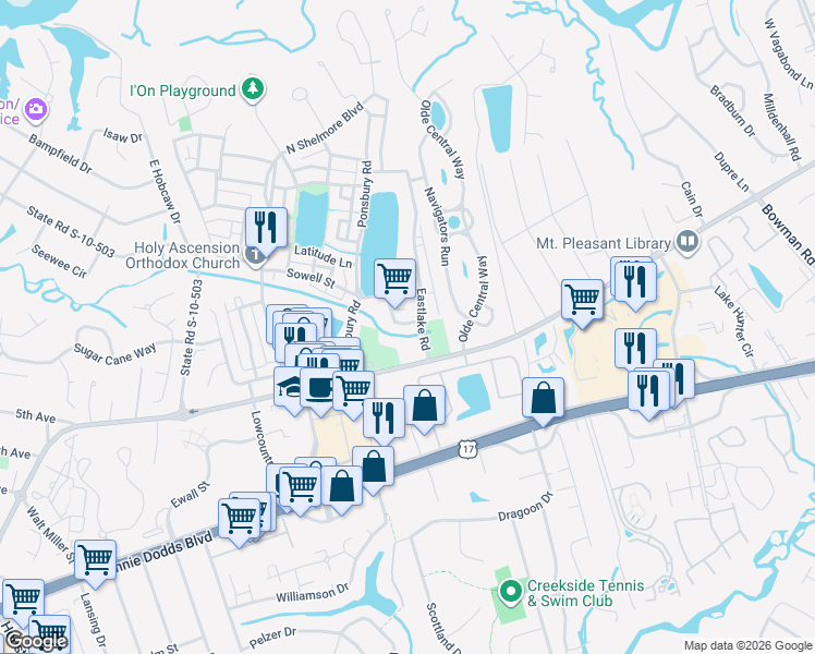 map of restaurants, bars, coffee shops, grocery stores, and more near 24 Prescient Street in Mount Pleasant