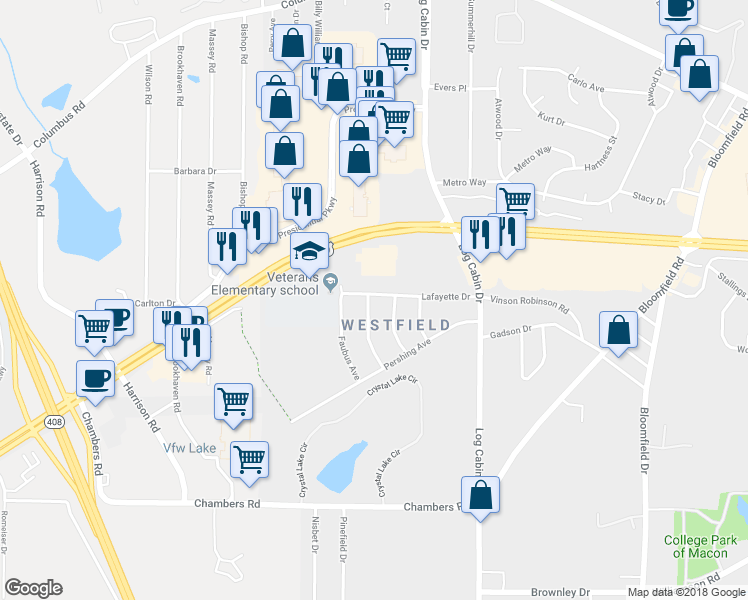 map of restaurants, bars, coffee shops, grocery stores, and more near 4168 Lafayette Drive in Macon