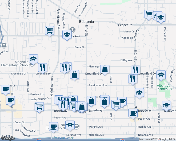 map of restaurants, bars, coffee shops, grocery stores, and more near 1325 North 1st Street in El Cajon