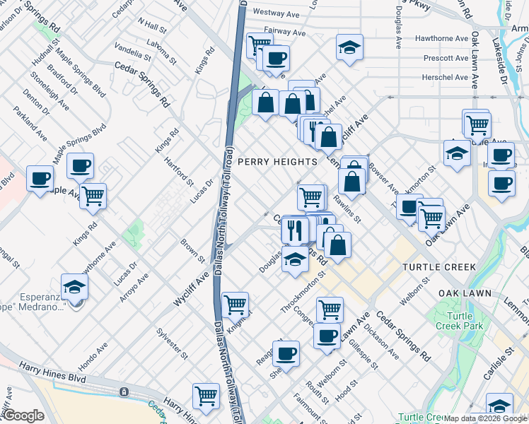 map of restaurants, bars, coffee shops, grocery stores, and more near 3101B Wycliff Avenue in Dallas