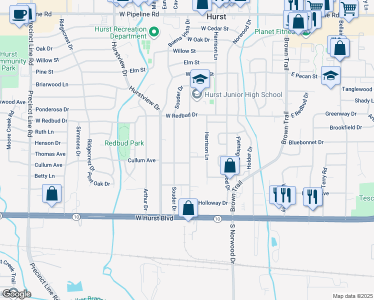 map of restaurants, bars, coffee shops, grocery stores, and more near 321 Harmon Road in Hurst