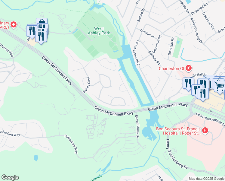 map of restaurants, bars, coffee shops, grocery stores, and more near 1607 Bredon Court in Charleston