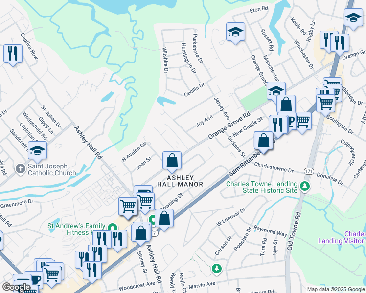 map of restaurants, bars, coffee shops, grocery stores, and more near 1712 Orange Grove Shores Drive in Charleston
