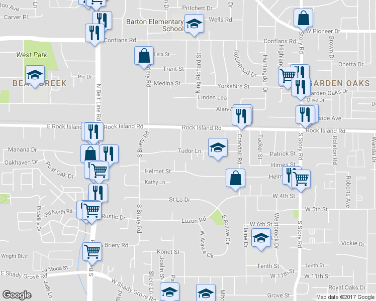 map of restaurants, bars, coffee shops, grocery stores, and more near 2955 Tudor Lane in Irving