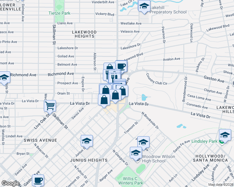 map of restaurants, bars, coffee shops, grocery stores, and more near Oram St & Abrams Pkwy in Dallas
