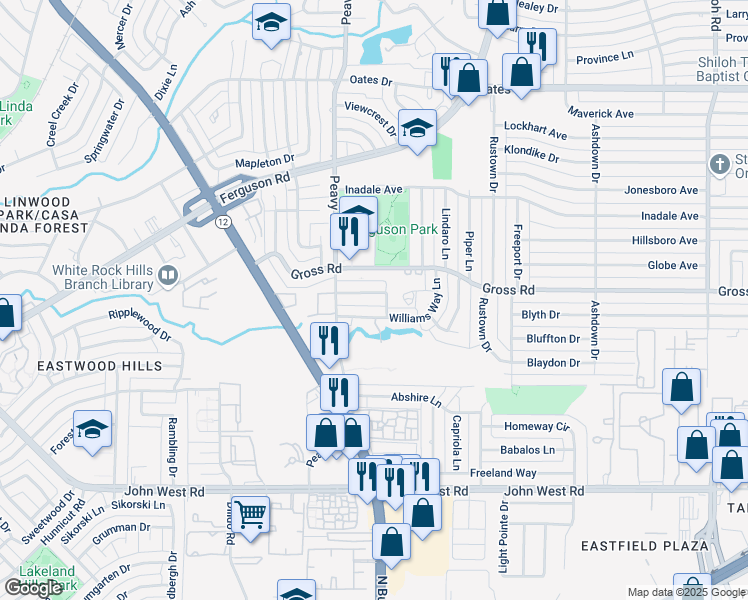 map of restaurants, bars, coffee shops, grocery stores, and more near 1842 Wonderlight Lane in Dallas