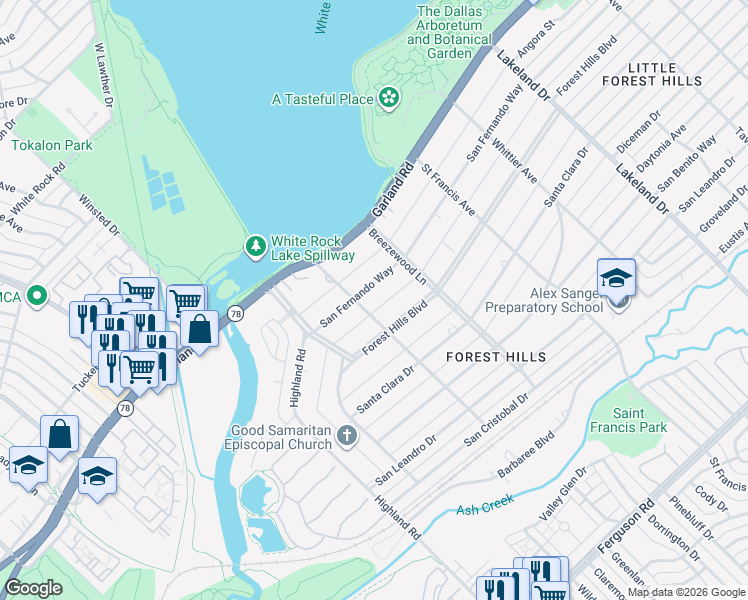 map of restaurants, bars, coffee shops, grocery stores, and more near 8214 San Fernando Way in Dallas