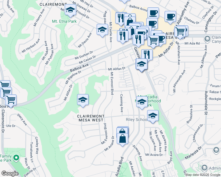 map of restaurants, bars, coffee shops, grocery stores, and more near 4018 Mount Blackburn Avenue in San Diego