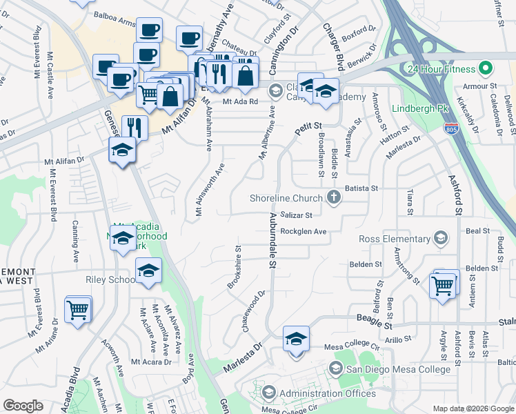 map of restaurants, bars, coffee shops, grocery stores, and more near 6626 Salizar Street in San Diego