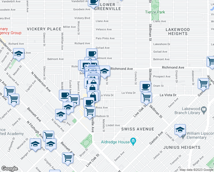 map of restaurants, bars, coffee shops, grocery stores, and more near Oram St & Matilda St in Dallas