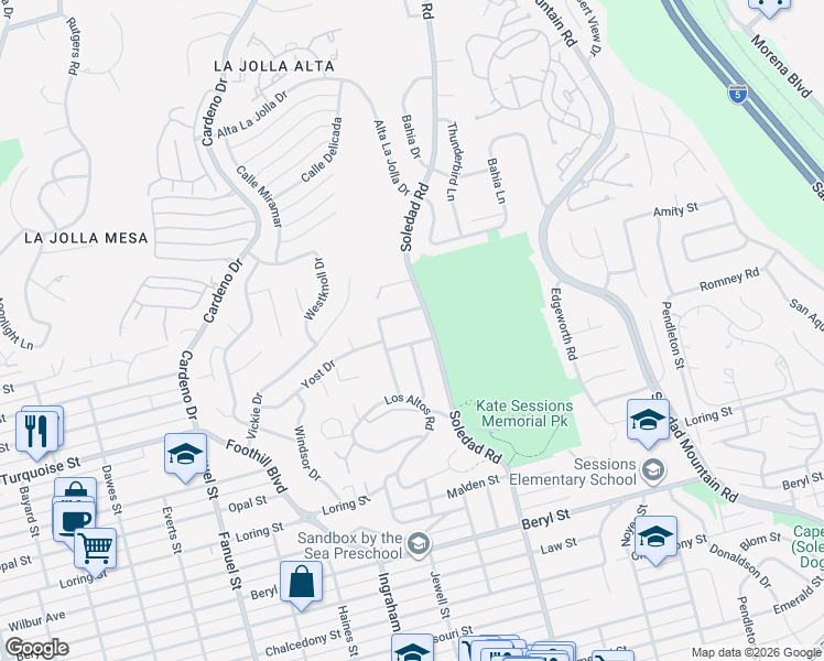 map of restaurants, bars, coffee shops, grocery stores, and more near 1740 Alta Vista Way in San Diego