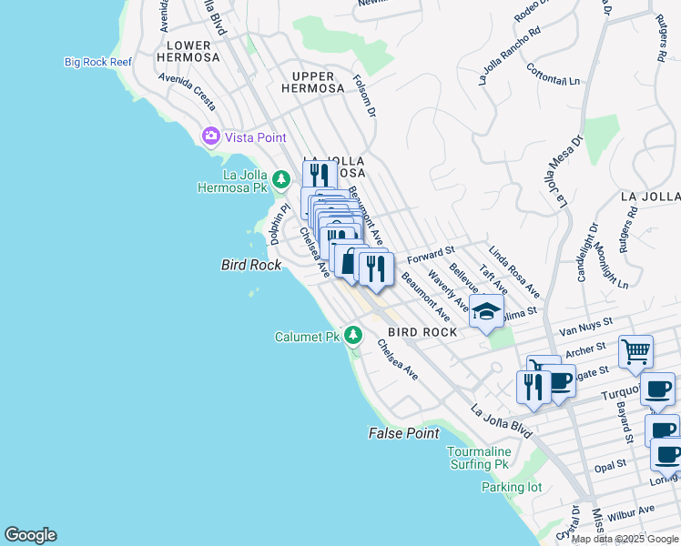 map of restaurants, bars, coffee shops, grocery stores, and more near 5604 La Jolla Boulevard in San Diego