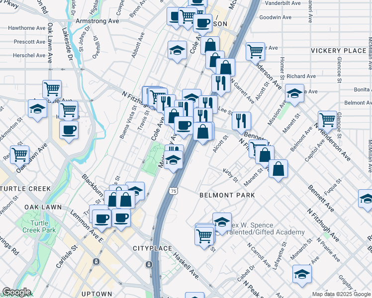 map of restaurants, bars, coffee shops, grocery stores, and more near 4113 North Central Expressway in Dallas