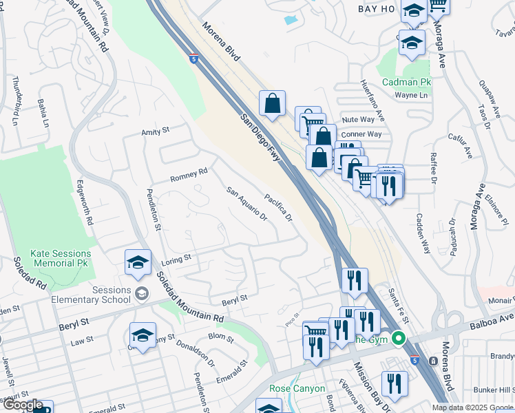 map of restaurants, bars, coffee shops, grocery stores, and more near 5075 San Aquario Drive in San Diego