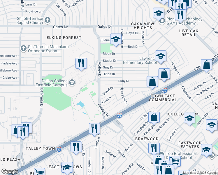 map of restaurants, bars, coffee shops, grocery stores, and more near 3701 Sheryl Drive in Mesquite