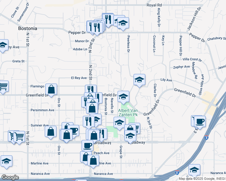 map of restaurants, bars, coffee shops, grocery stores, and more near 1306 Navello Terrace in El Cajon