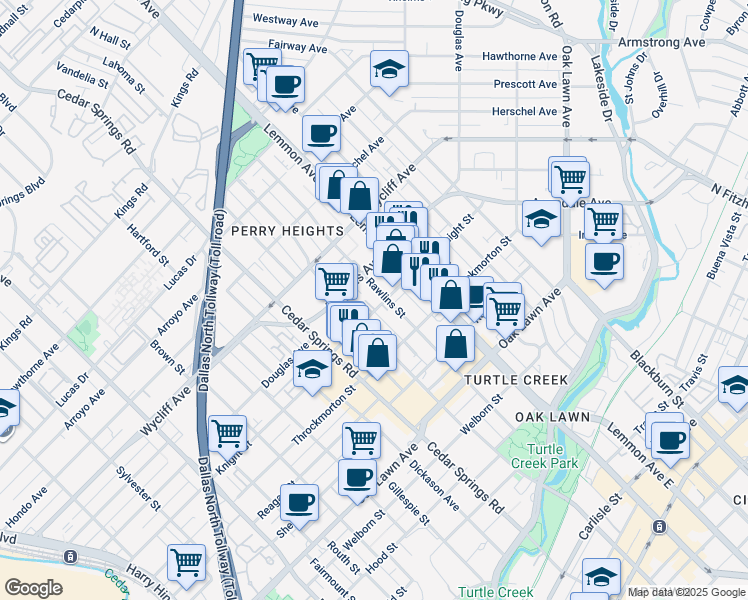 map of restaurants, bars, coffee shops, grocery stores, and more near 3403 Knight Street in Dallas
