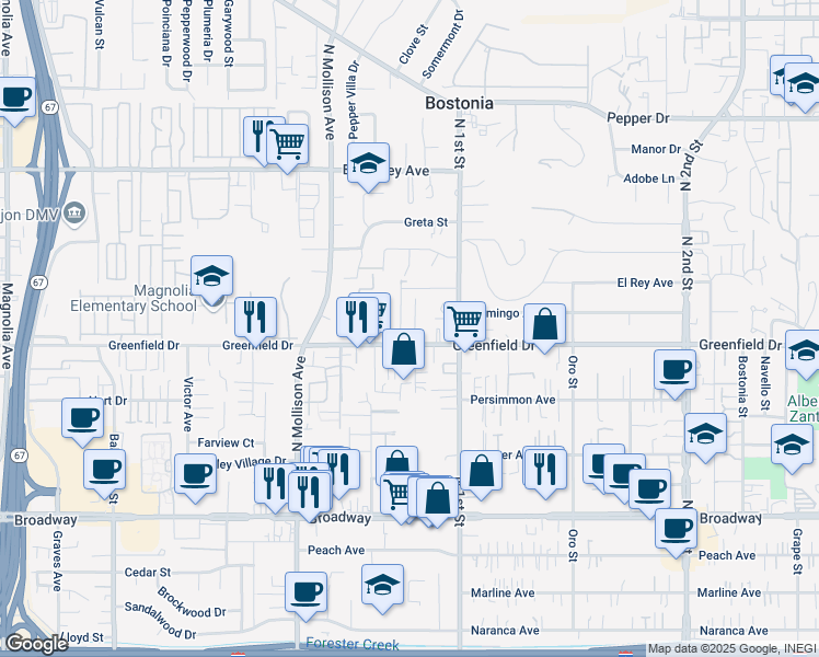 map of restaurants, bars, coffee shops, grocery stores, and more near 1325 5 D Drive in El Cajon