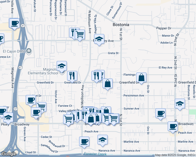 map of restaurants, bars, coffee shops, grocery stores, and more near 1334-36 Buckeye Court in El Cajon