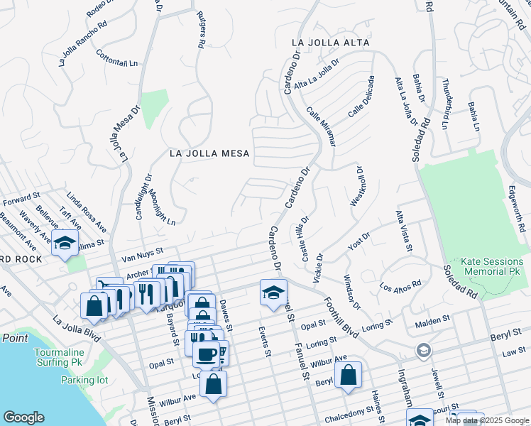 map of restaurants, bars, coffee shops, grocery stores, and more near 1322 Kaimalino Lane in San Diego