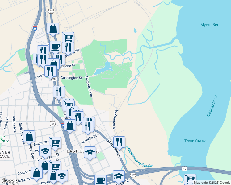 map of restaurants, bars, coffee shops, grocery stores, and more near 122 North Romney Street in Charleston
