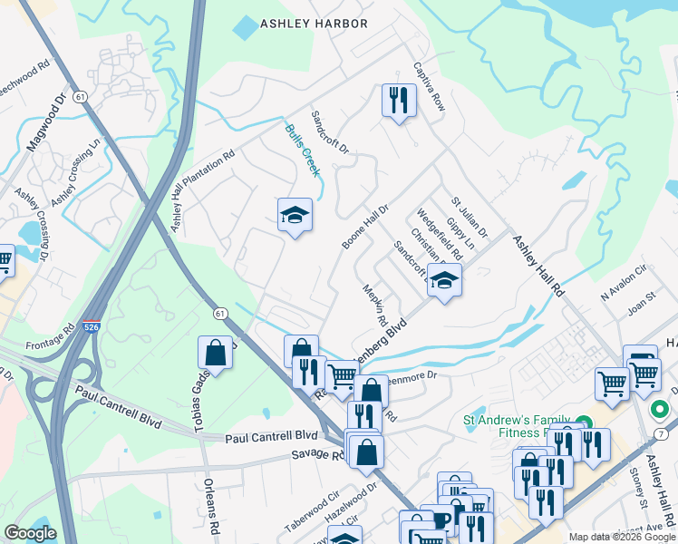 map of restaurants, bars, coffee shops, grocery stores, and more near 1721 Boone Hall Drive in Charleston